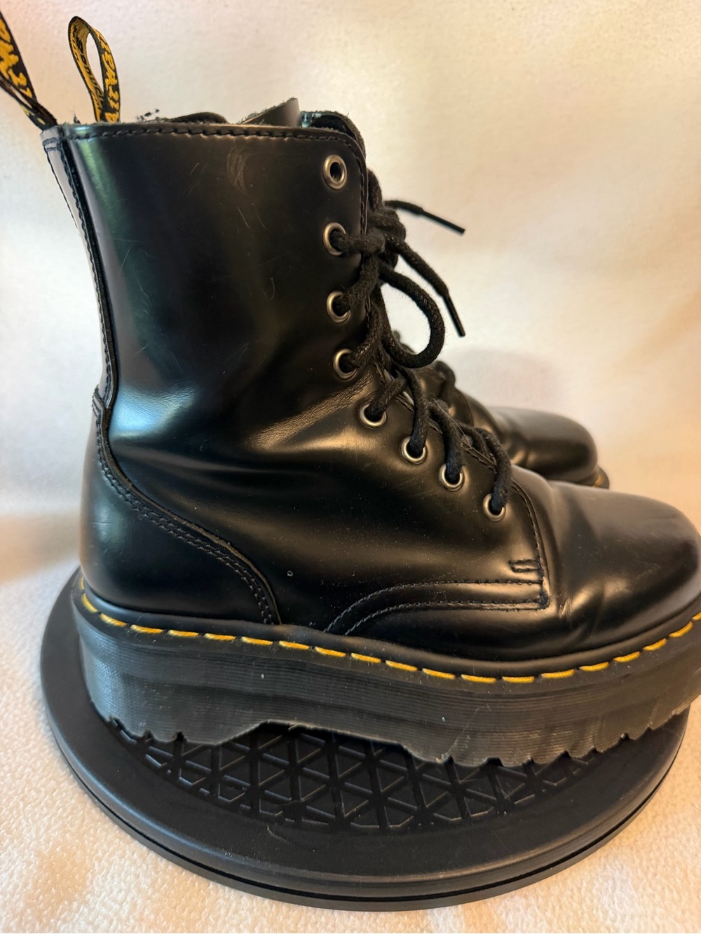 Dr. Martens Black Platform Lace-Up Boots with Yellow Stitching